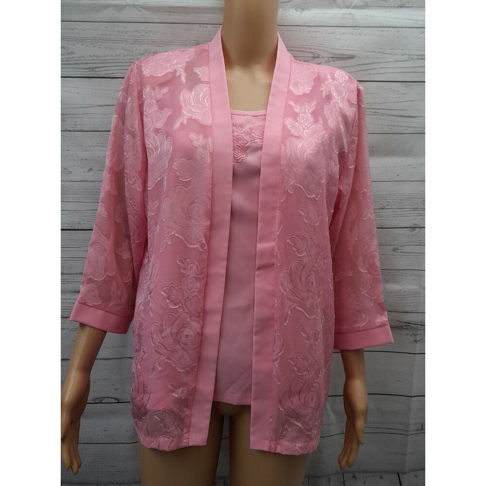 Salon Studio Sz LP Pink 2 Pcs Sheer Cardigan Tank Shirt Embroidery